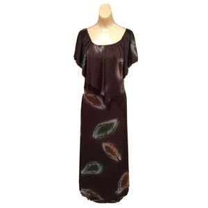 Vintage 1970s Women Boho Hippy Off Shoulder Cape Butterfly Maxi Dress Brown 9/10